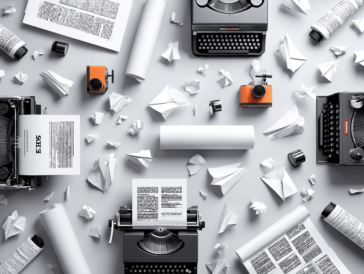 Vintage typewriters and papers on a white background.