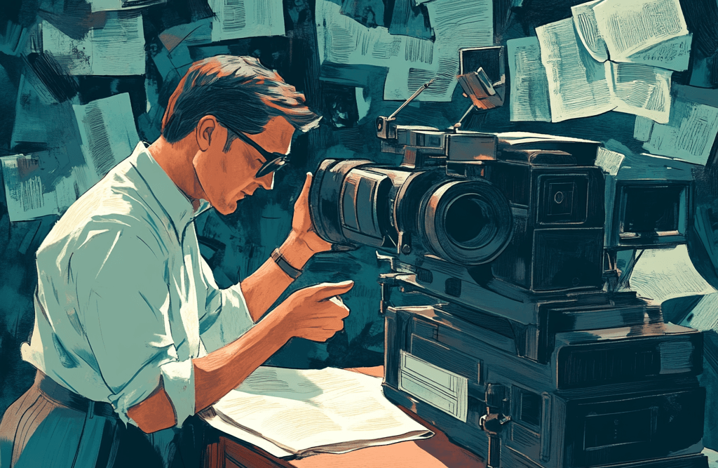 Filmmaker with vintage camera and paper wall background