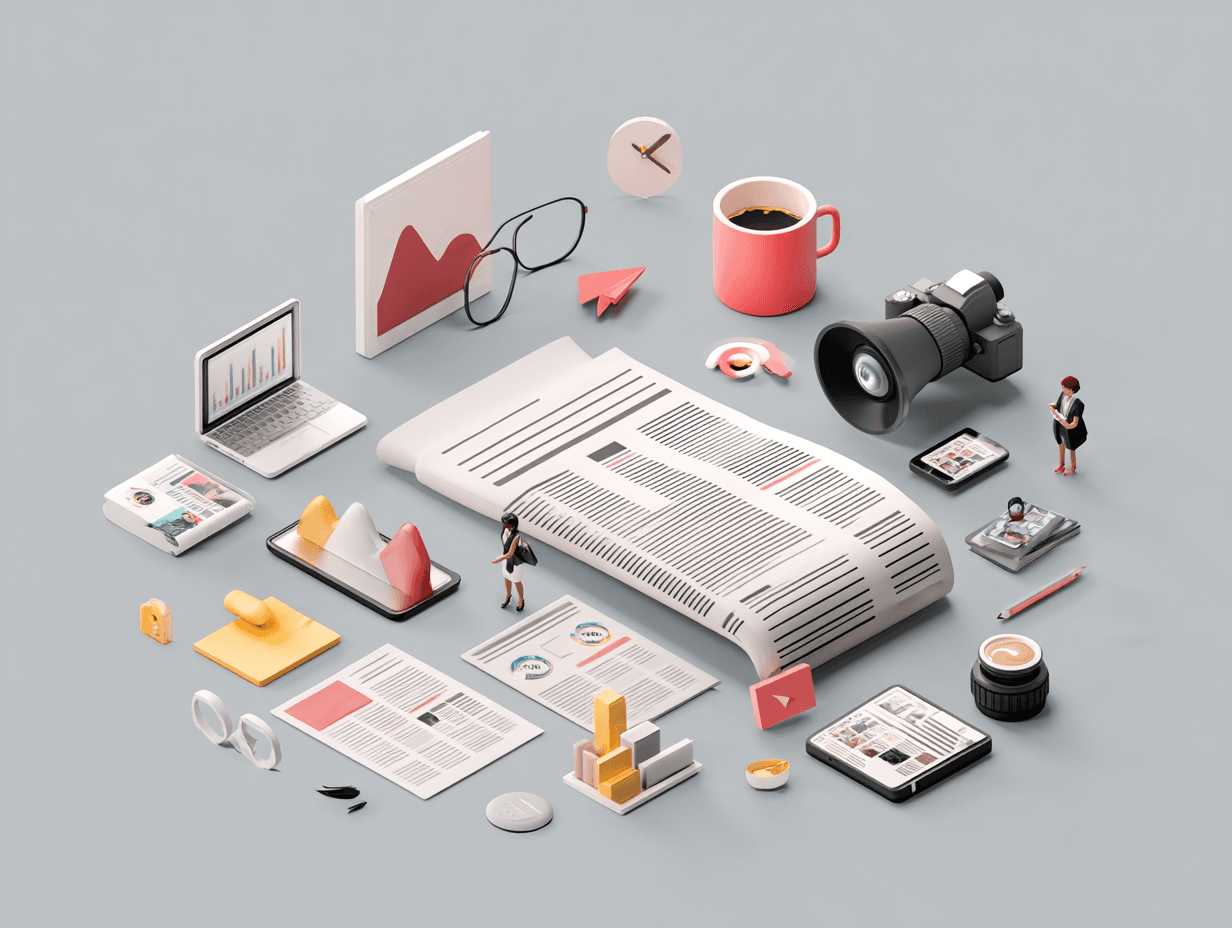 Multimedia tools and graphs around newspaper.