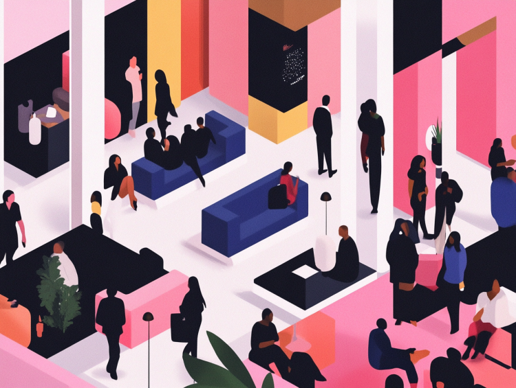 Colorful office scene with diverse people socializing.