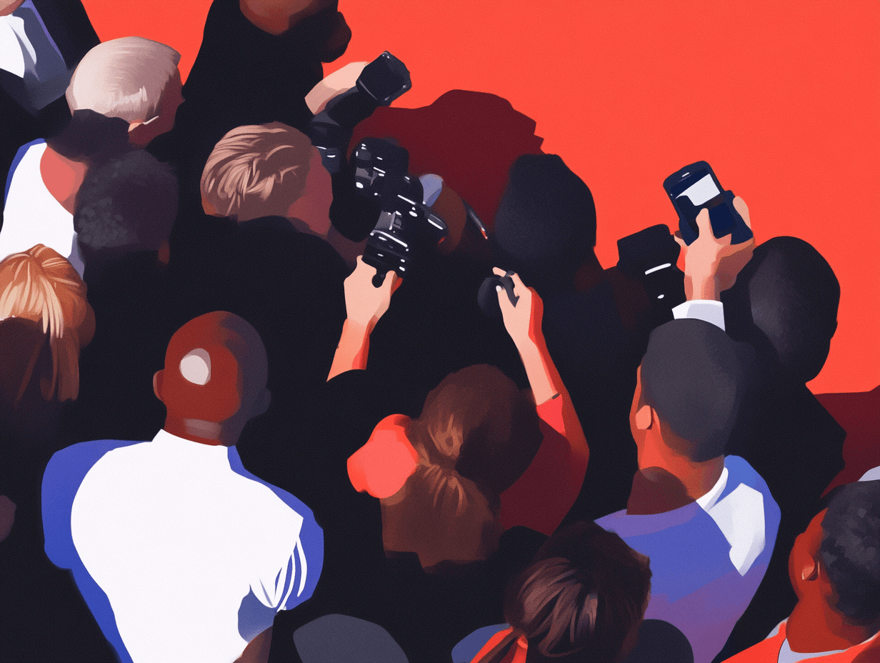 Crowd of photographers on red carpet event.