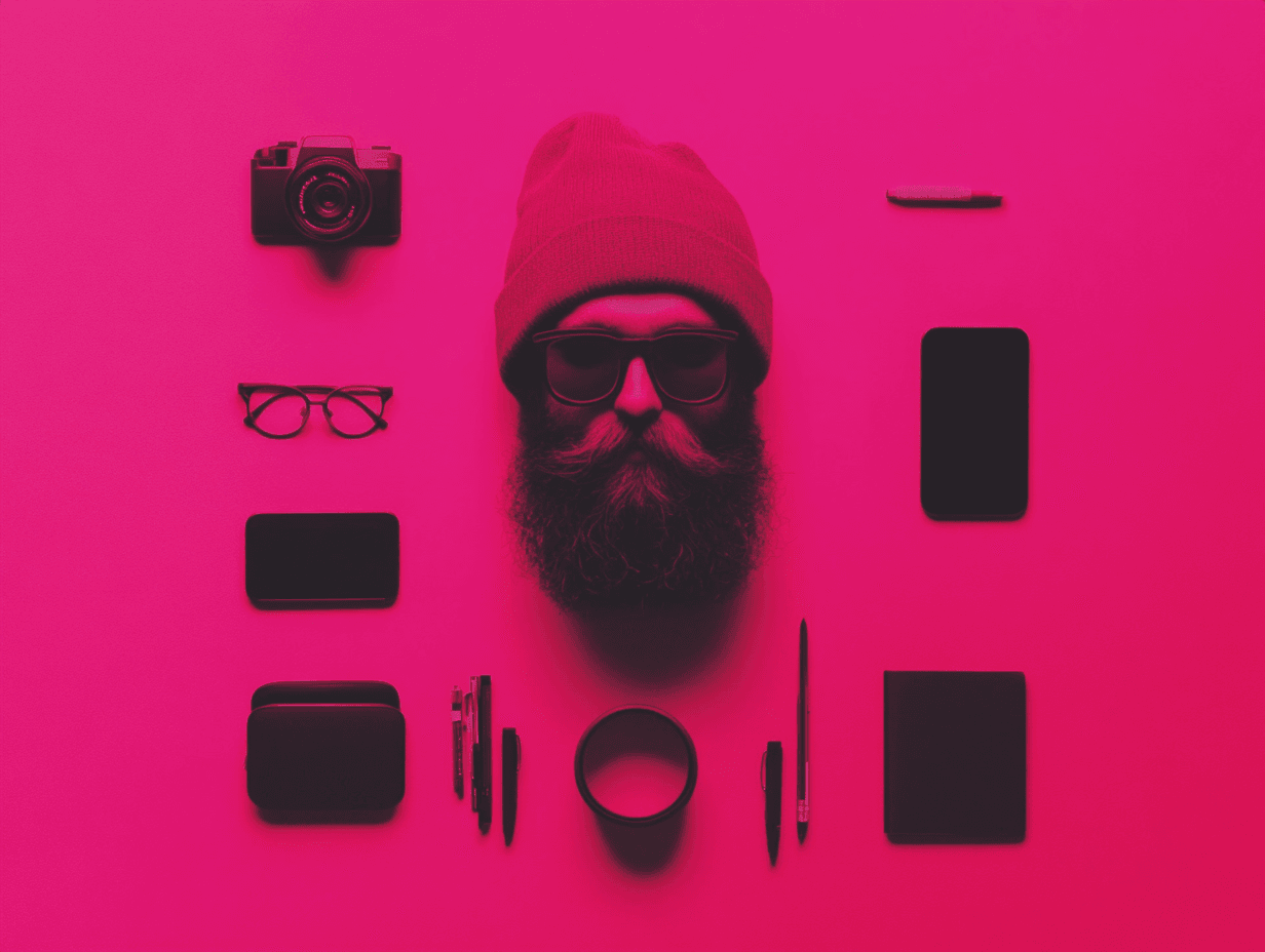 Flat lay of hipster objects on pink background