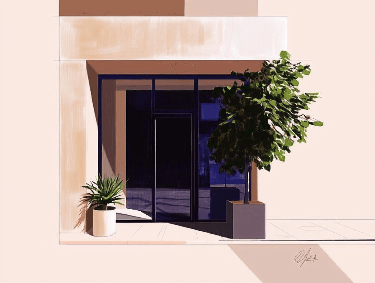 Minimalist entrance with potted plants