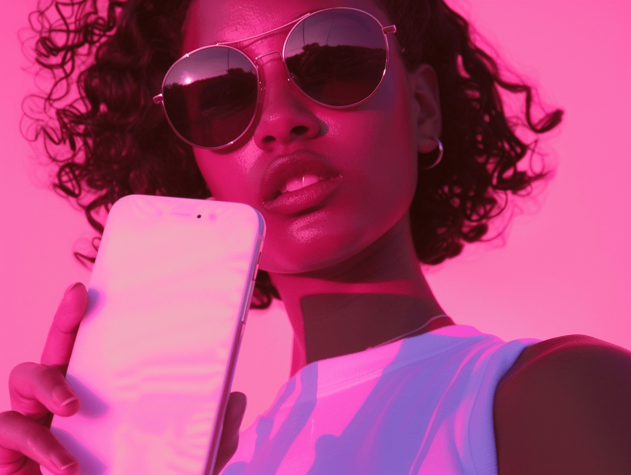 Person wearing sunglasses holding a phone, pink background.
