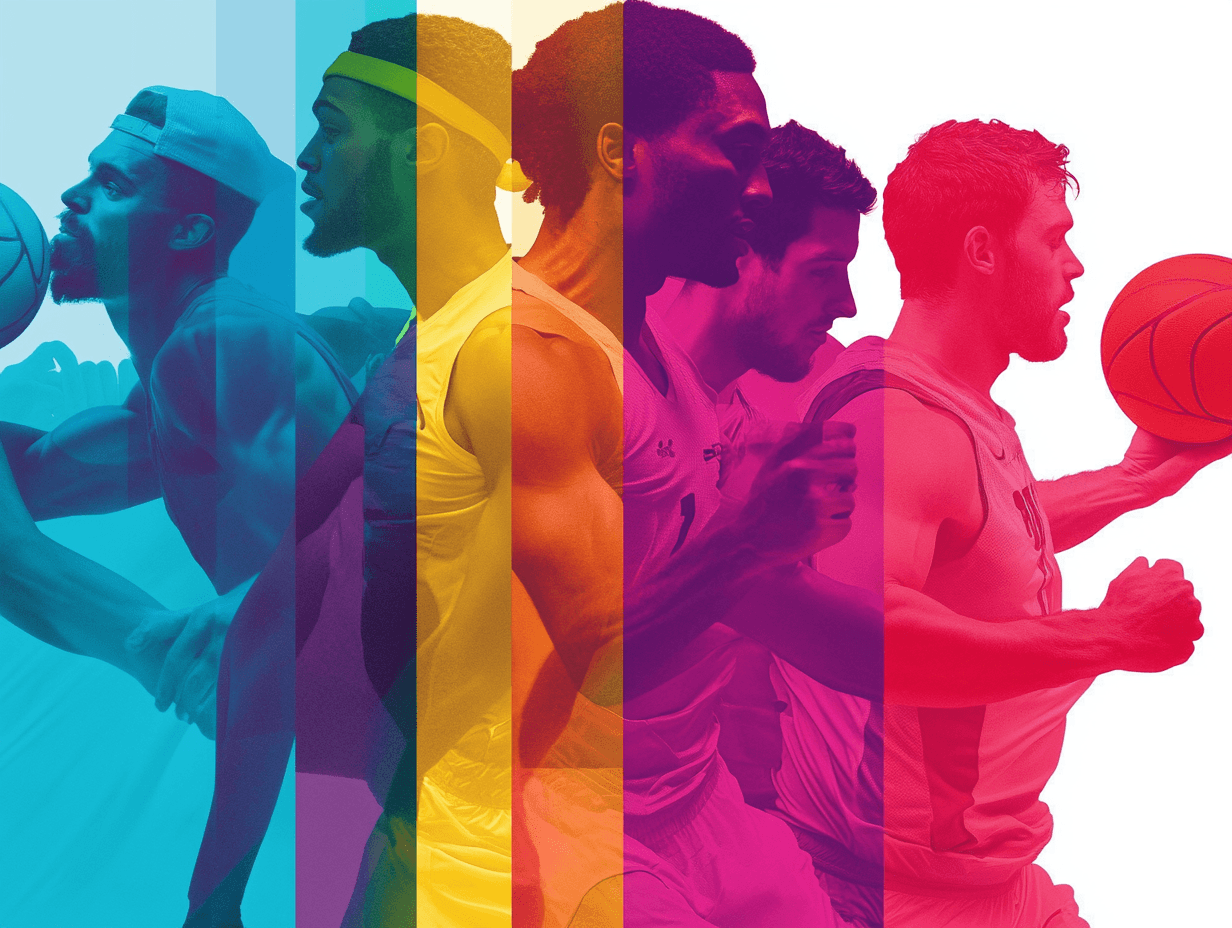 Colorful silhouettes of basketball players in motion.
