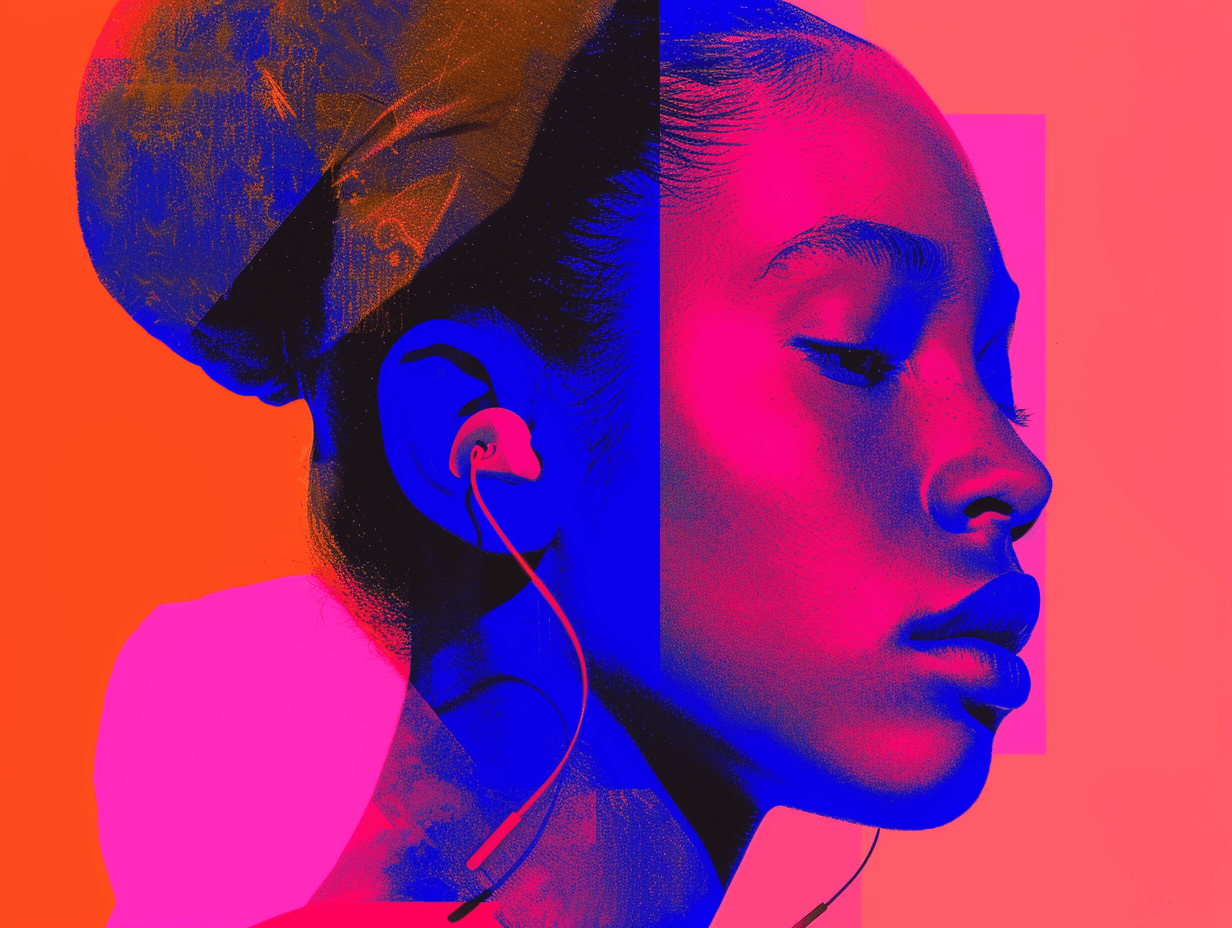 Vibrant digital art portrait with headphones.
