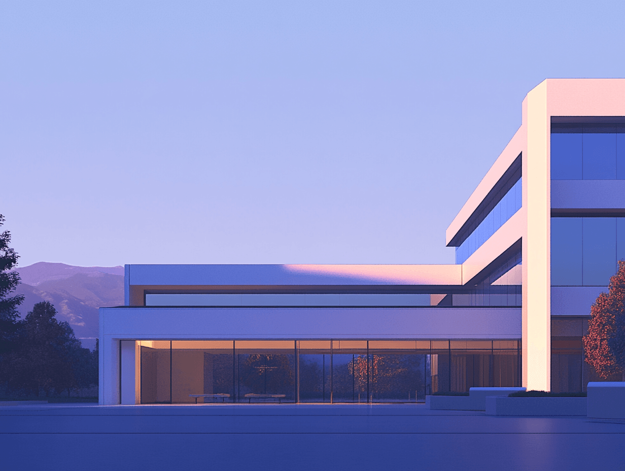 Modern building facade at sunset with mountains.