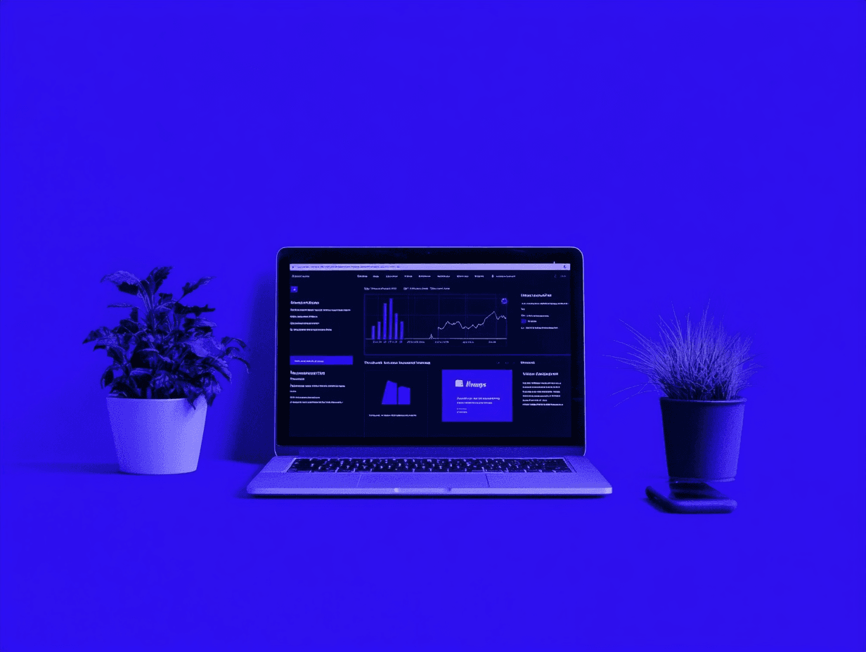 Laptop with business analytics on blue background.