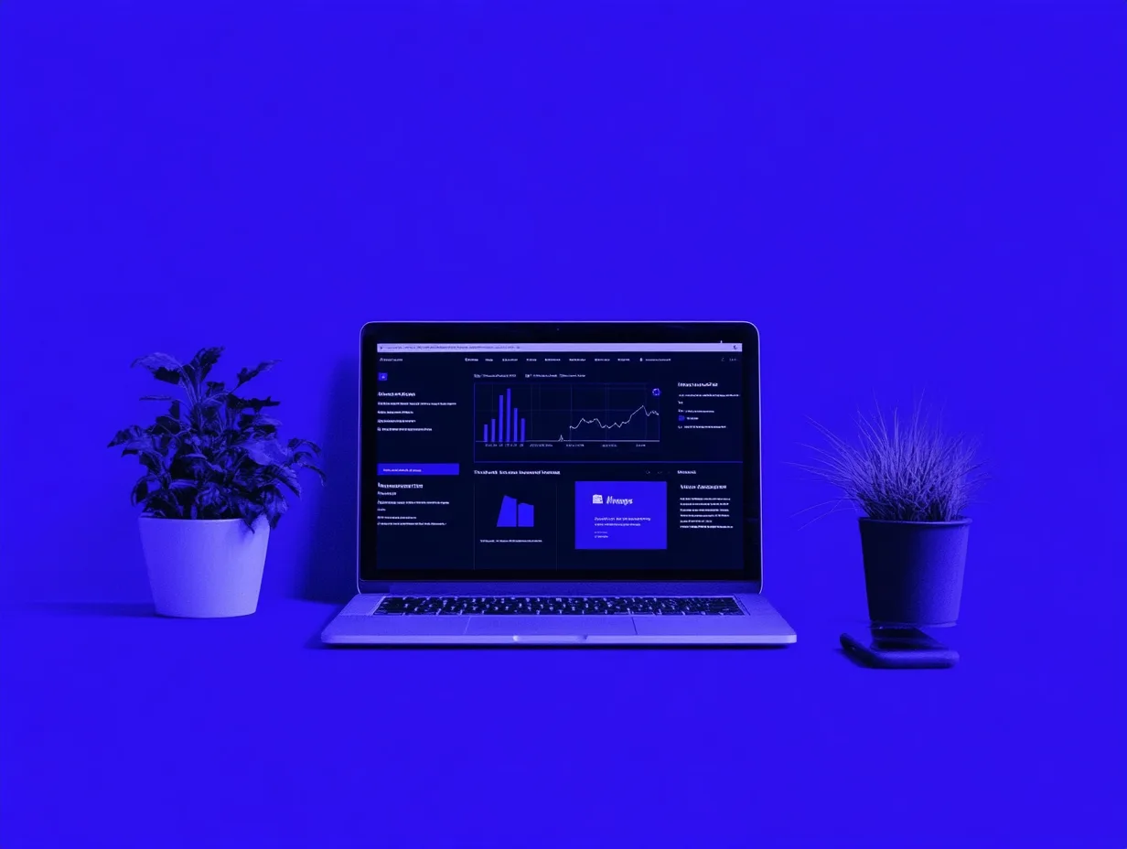 Laptop with business analytics on blue background.