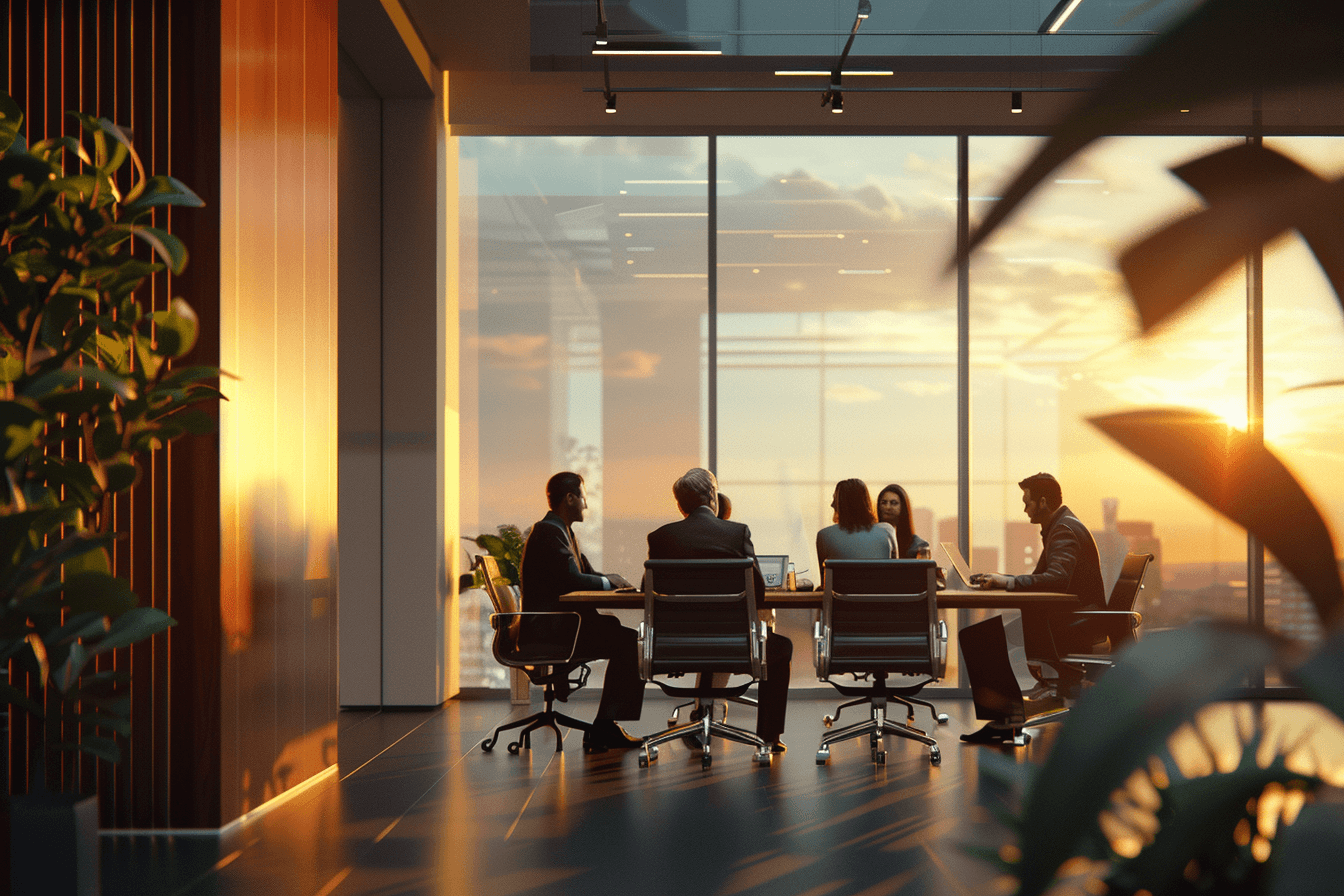 Meeting room with sunset view, people discussing.