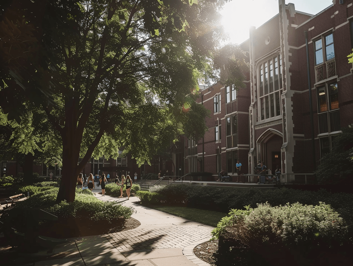 Students walking on a sunny university campus path.