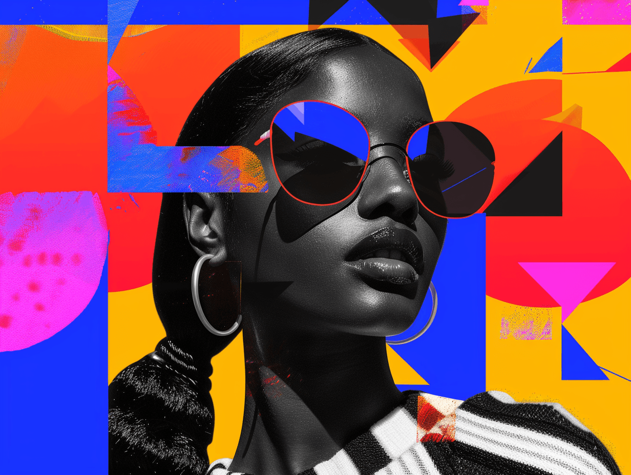 Stylish woman in sunglasses with colorful abstract background.