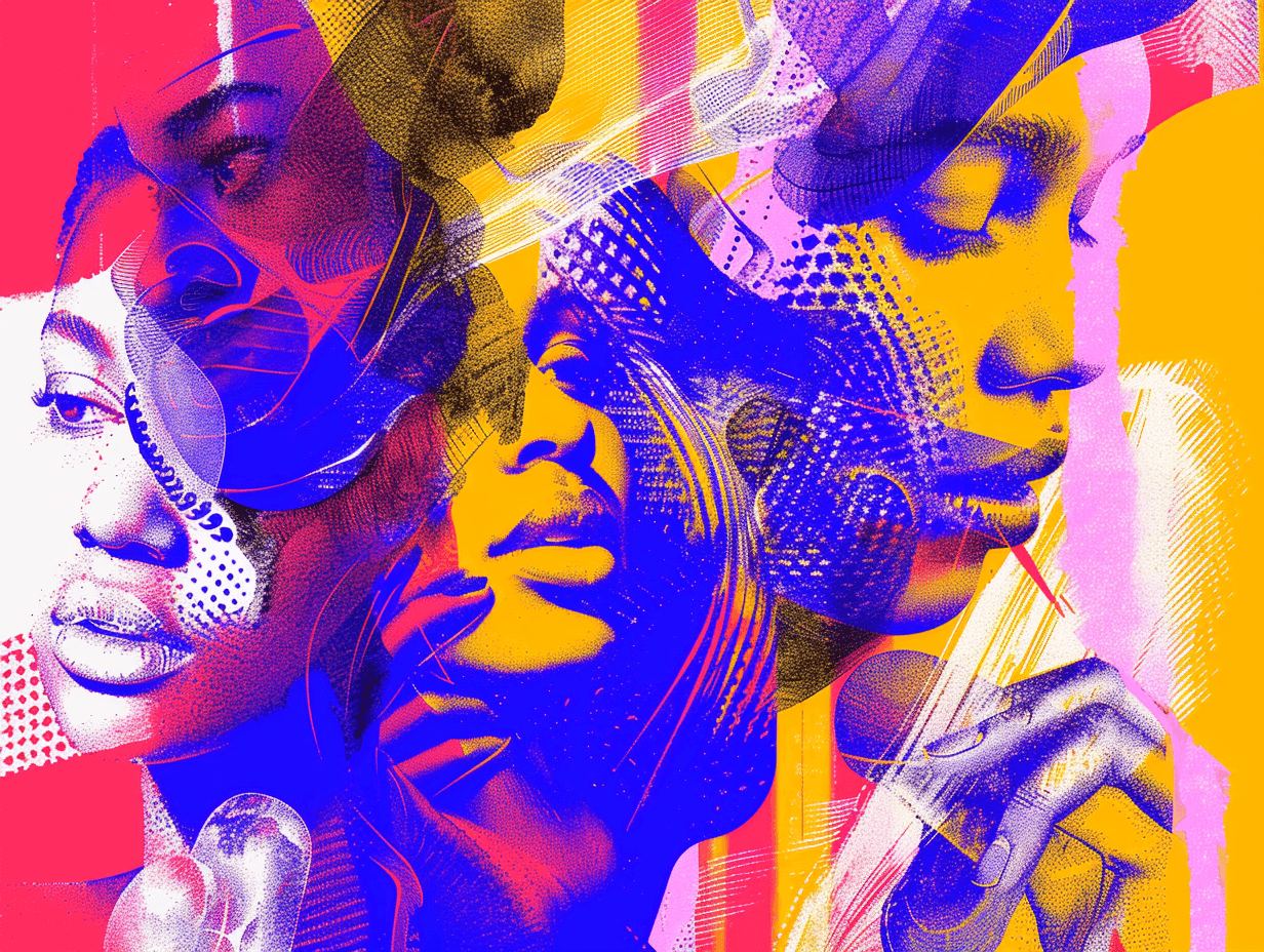 Colorful abstract art with human faces collage.