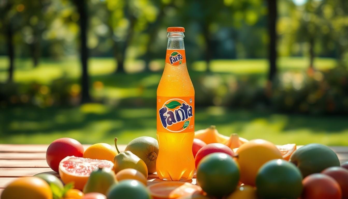 Orange Fanta bottle with fruits outdoors