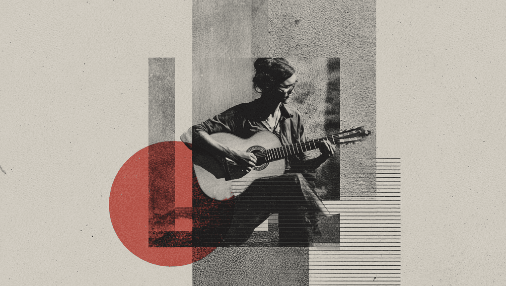 Abstract collage of a person playing guitar.