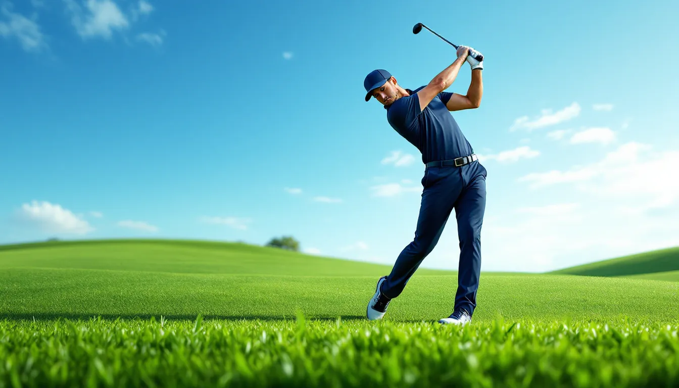 Golfer swings on sunny green course.