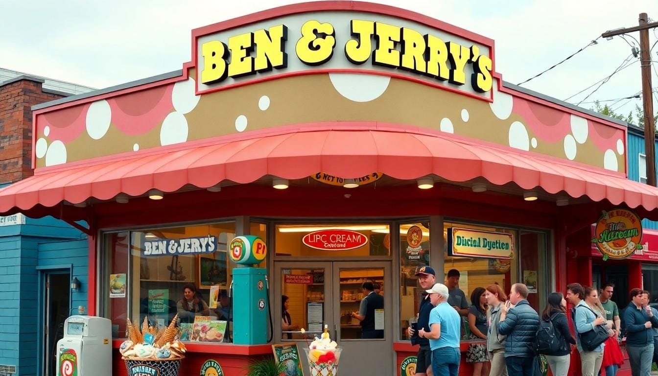 Ben & Jerry's store with people in line.