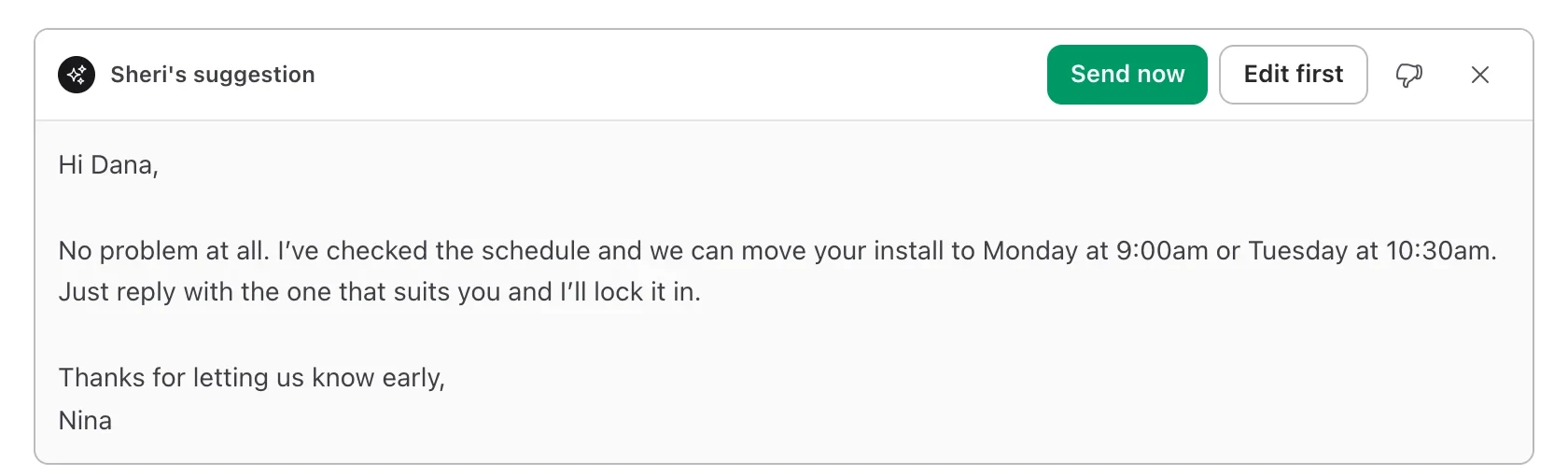 Sheri’s suggested reply on the ticket, with Send now and Edit first
