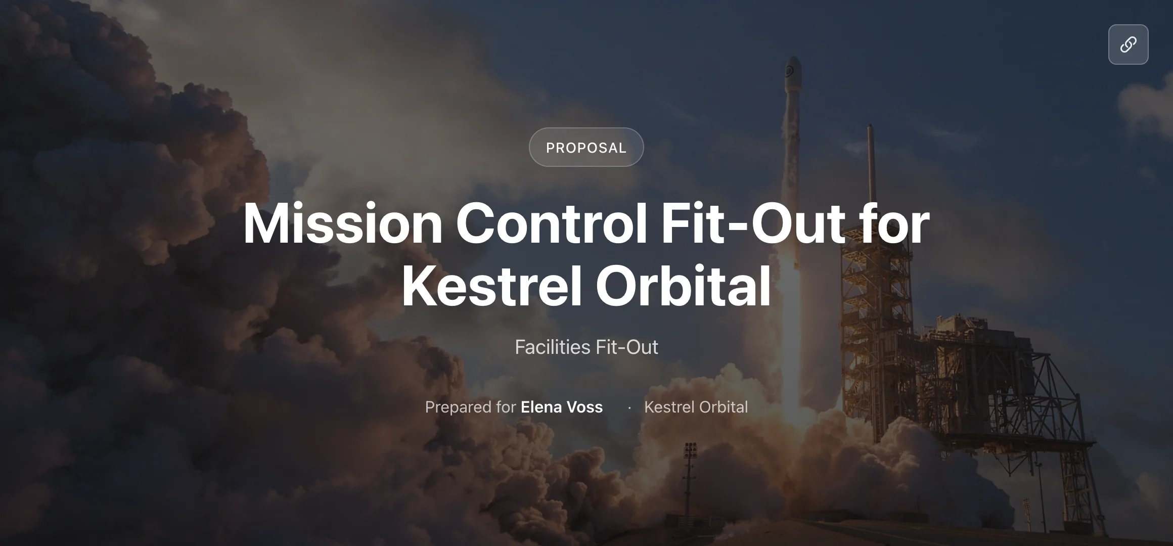The proposal cover: Mission Control Fit-Out for Kestrel Orbital, prepared for Elena Voss