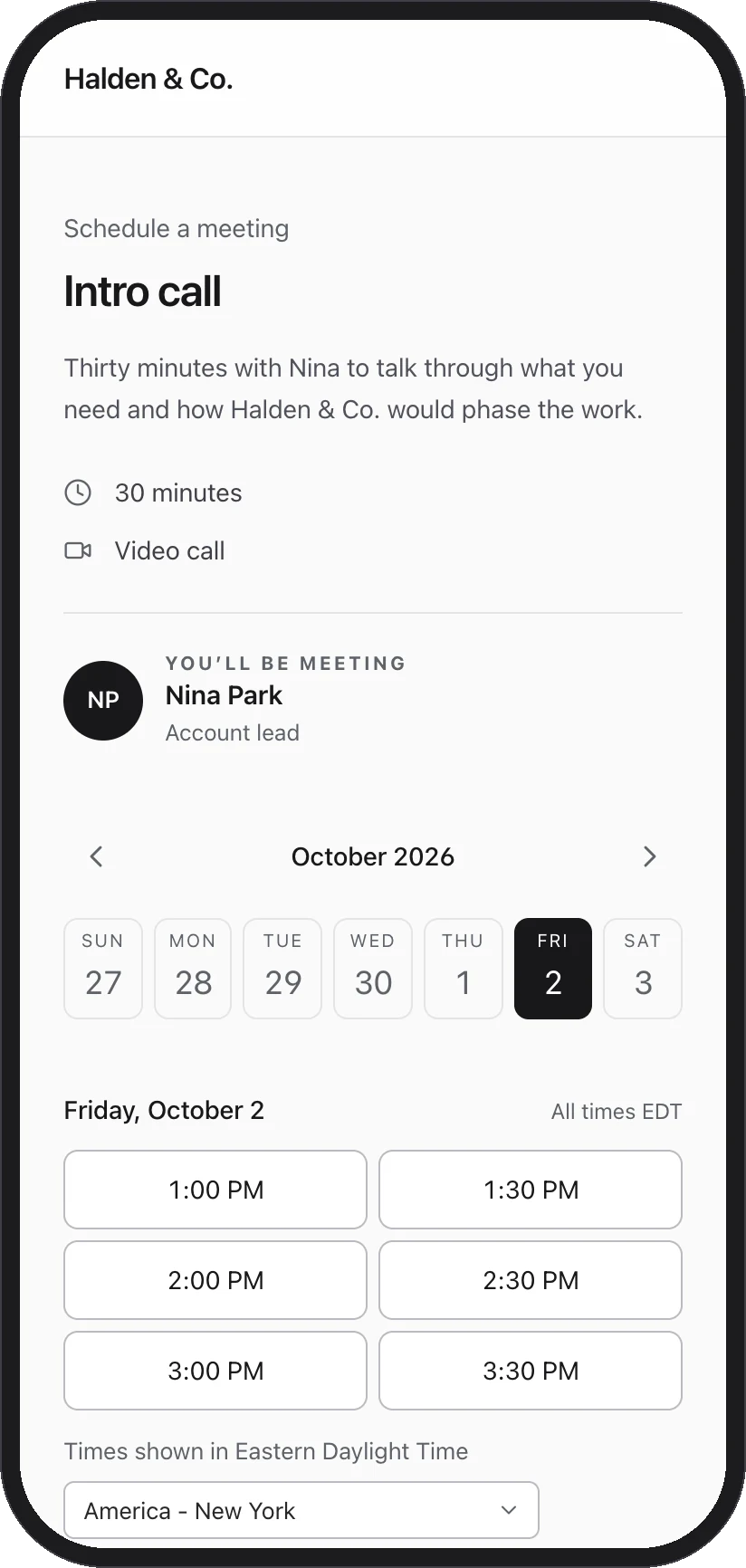 Gloria’s phone: Halden & Co.’s booking page with Friday the 2nd picked and the open times
