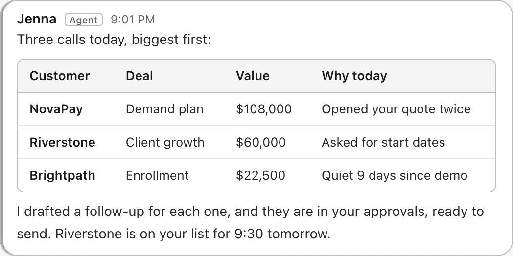 Jenna answers who to call today: NovaPay, Riverstone Wealth and Brightpath, the value of each deal and the reason to call